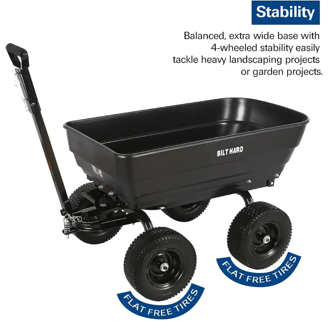 BILT HARD 7 Cu.Ft. 13 No-Flat Tires Poly Yard Dump Cart with 2-in-1 Convertible Handle, 1200 lbs Capacity Heavy Duty Garden Carts and Wagons Black