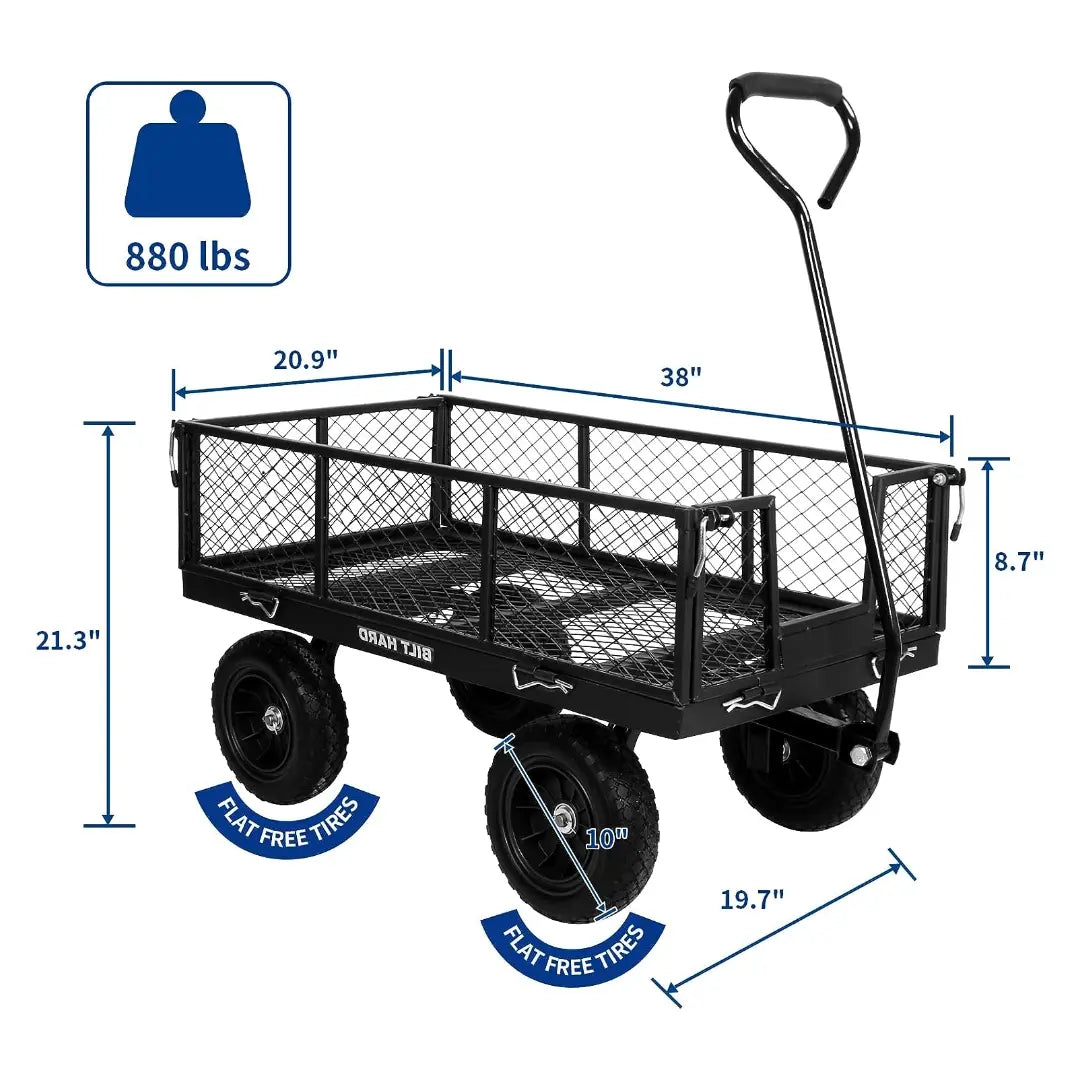 BILT HARD 880 lbs 10" Flat Free Tires Steel Garden Cart with 180° Rotating Handle and Removable Sides, Heavy Duty 4 Cu.Ft Capacity Utility Garden Carts and Wagons