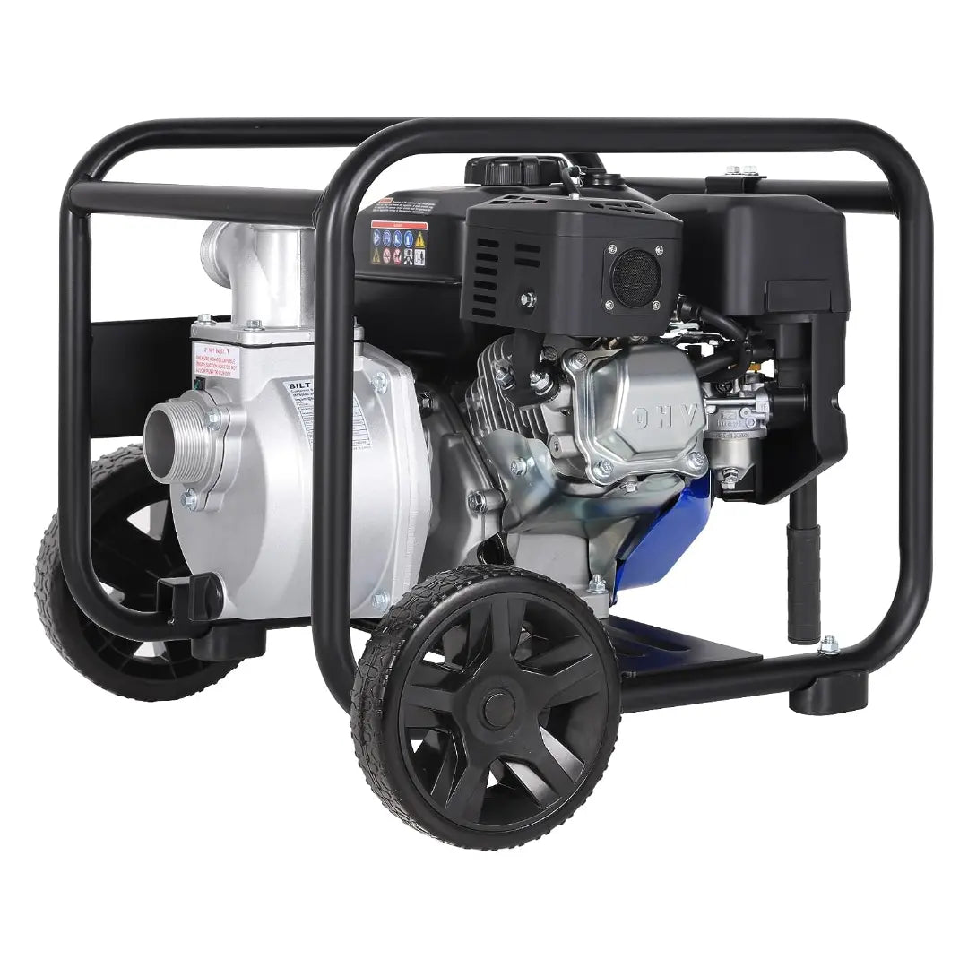 BILT HARD Semi Trash Pump 2 inch, 158 GPM 6.5HP Gas Powered Water Pump 196cc, Fitted with Handle and Wheels