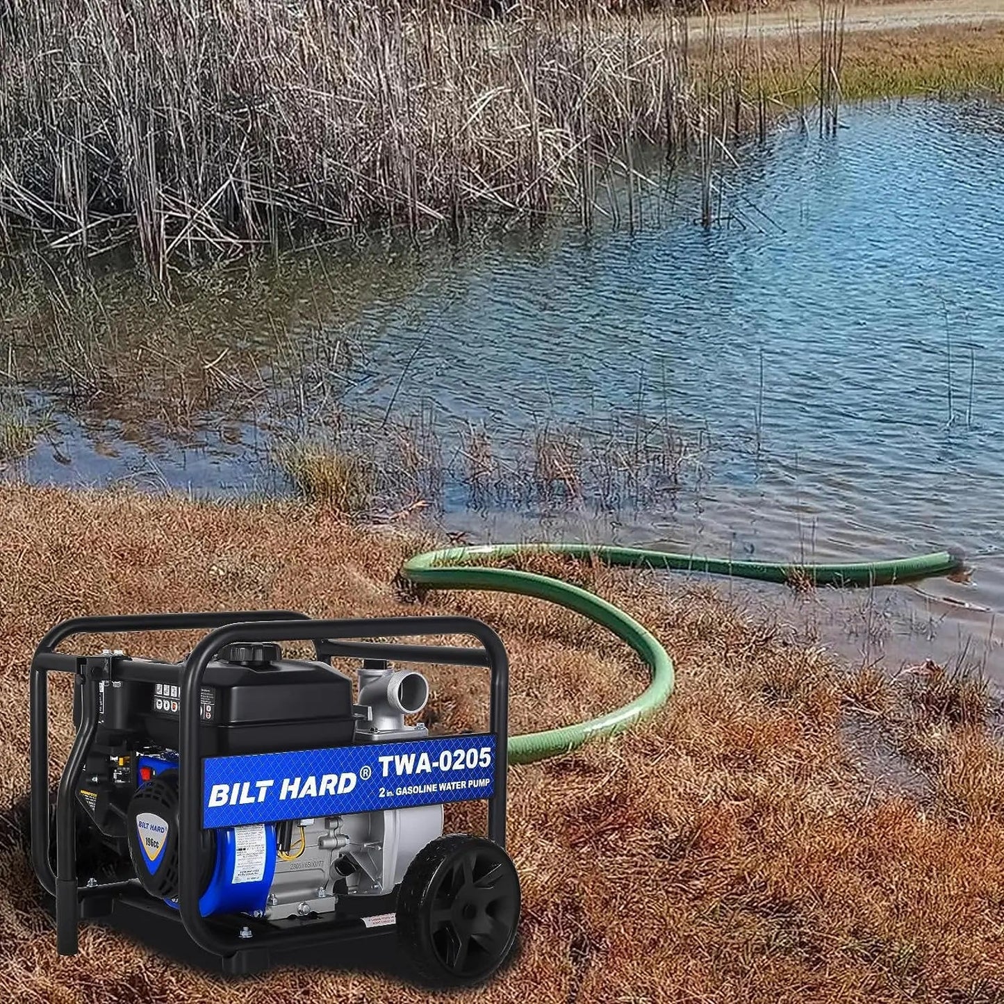 BILT HARD Semi Trash Pump 2 inch, 158 GPM 6.5HP Gas Powered Water Pump 196cc, Fitted with Handle and Wheels