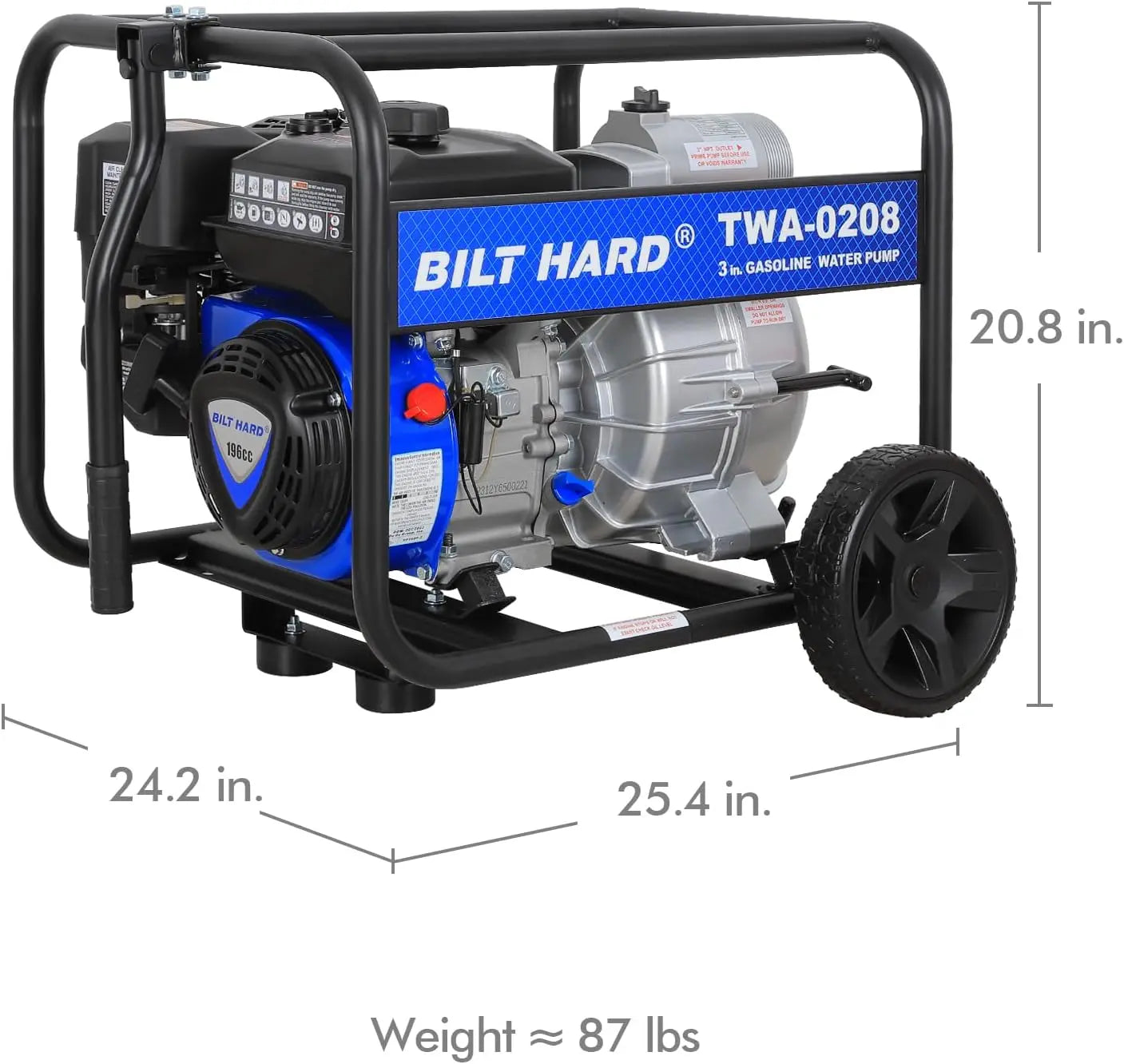 BILT HARD Trash Pump 3 inch, 264 GPM 6.5HP Gas Powered Full Trash Water Pump with Handle and Wheels, 50 ft Discharge Hose, 15 ft Suction Hose with Complete Fittings