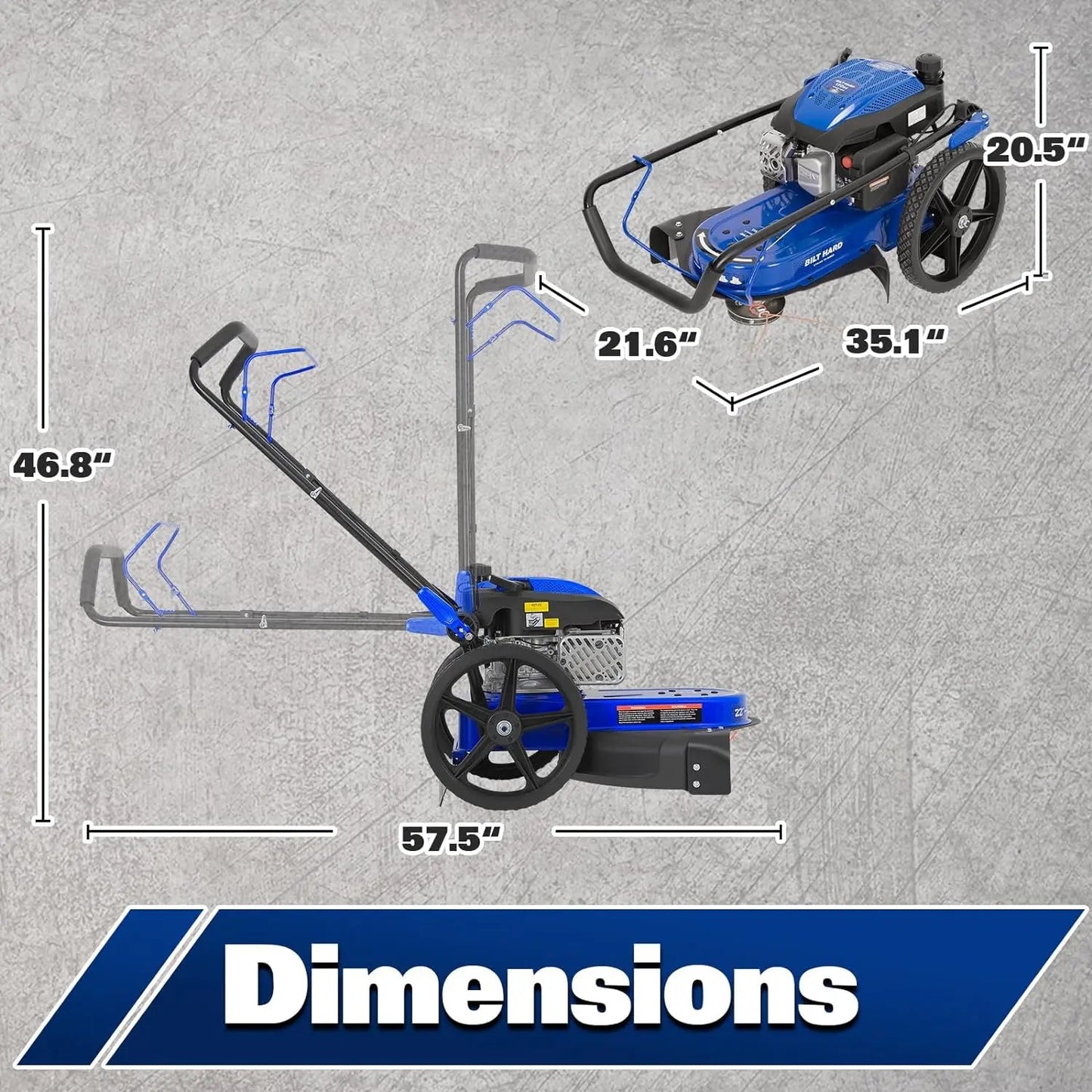 BILT HARD Walk Behind String Trimmer, 170cc 4-Cycle Gas Brush Hog Mower, 22 Inch Cutting Diameter, Push Weed Eater with 14 Inch Flat Free Wheels, Brush Cutter