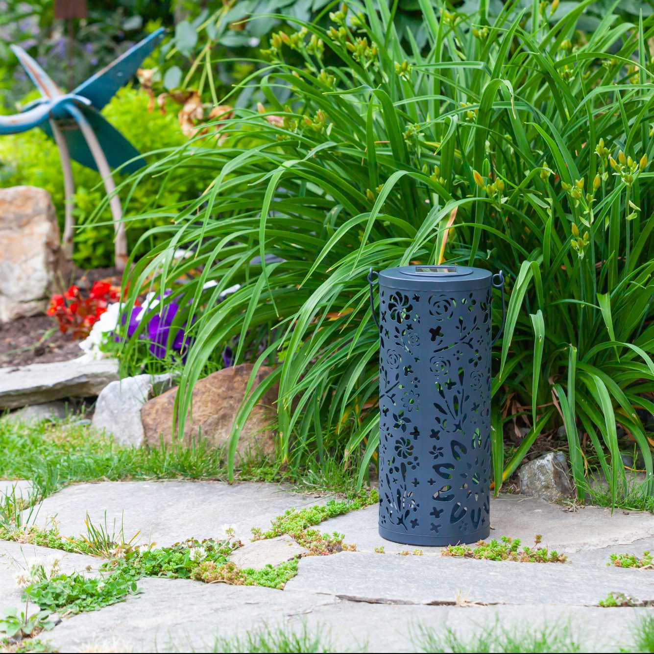 Bloom Punched Metal Solar Lantern - Midnight Blue