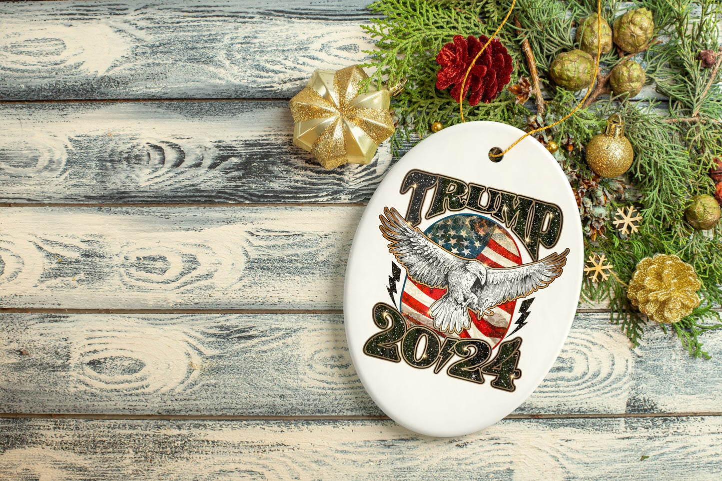 Donald Trump Eagle and US Flag 2024 Retro Art Glitter Ornament