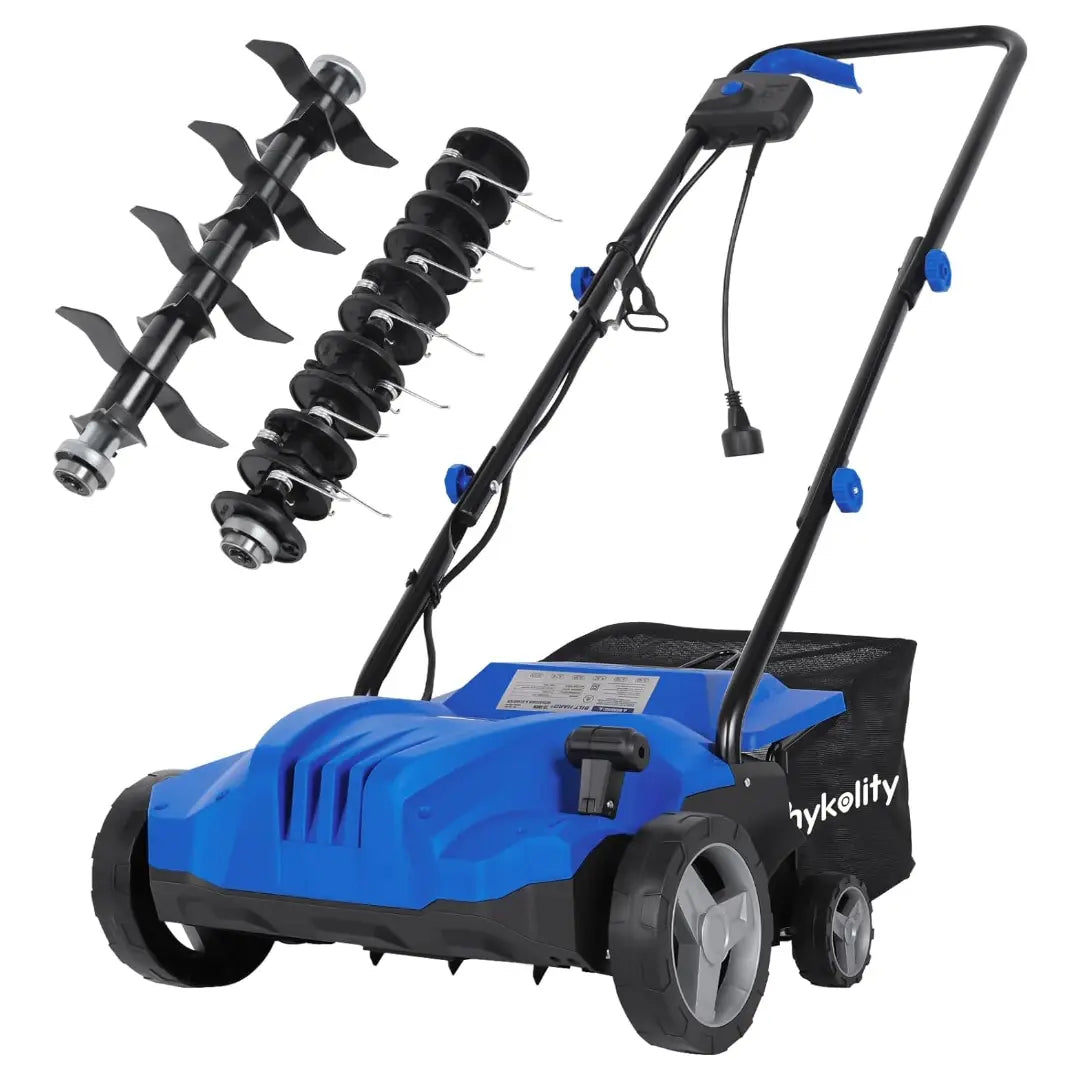 Electric-Powered Dethatcher Scarifier with 12 Amp Copper Motor, 13-inch Raking Width, 8-Gallon Thatch Bag. 2-in-1 Walk-Behind Thatch Removing Machine