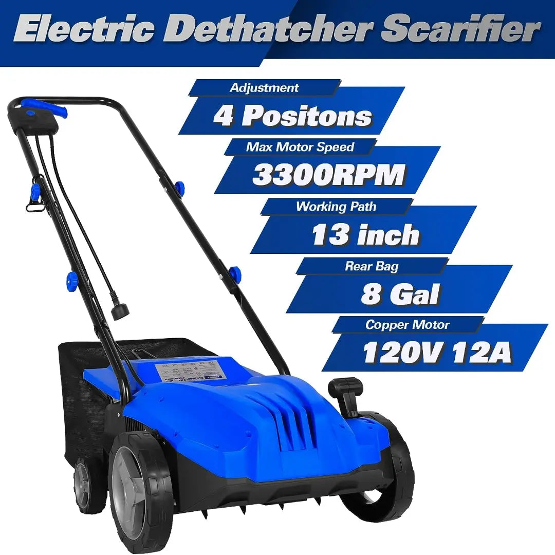 Electric-Powered Dethatcher Scarifier with 12 Amp Copper Motor, 13-inch Raking Width, 8-Gallon Thatch Bag. 2-in-1 Walk-Behind Thatch Removing Machine