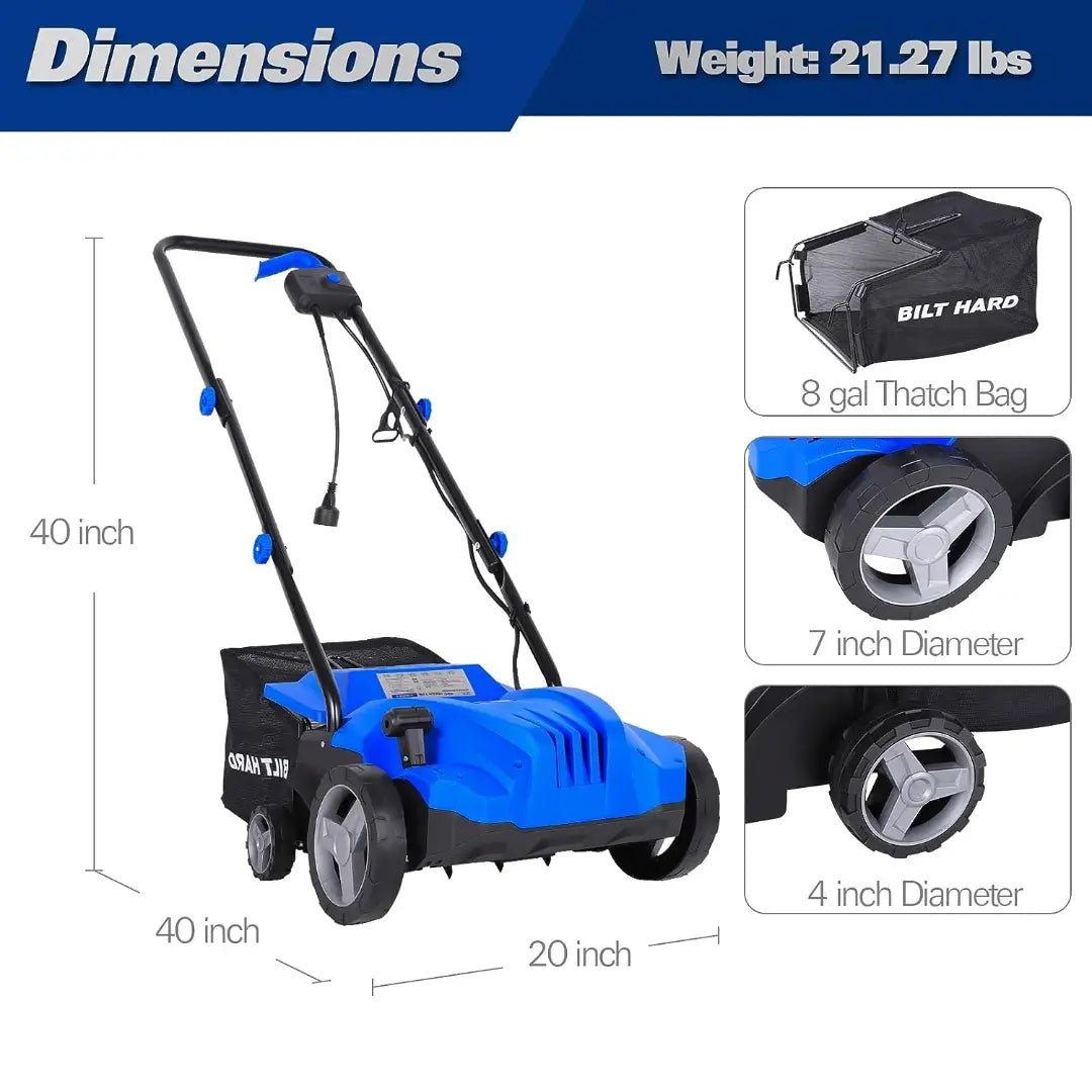 Electric-Powered Dethatcher Scarifier with 12 Amp Copper Motor, 13-inch Raking Width, 8-Gallon Thatch Bag. 2-in-1 Walk-Behind Thatch Removing Machine