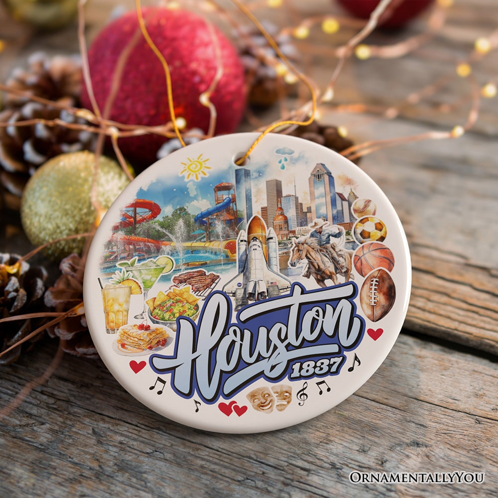 Artistic Houston Ceramic Ornament, Texas Souvenir with Vintage City Elements and Space Shuttle