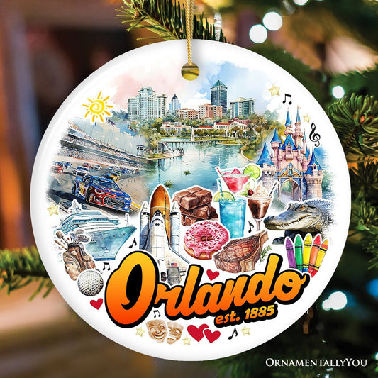 Tropically Wonderful Orlando Ceramic Ornament, Vintage Florida Souvenir with Universal Park and Space Station