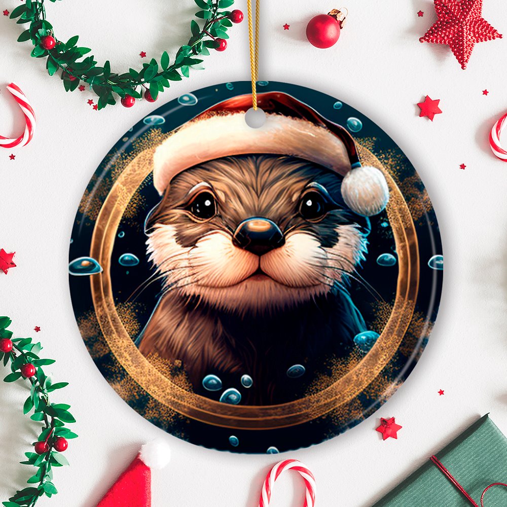 Cute Otter with Santa Hat Coastal Christmas Ornament