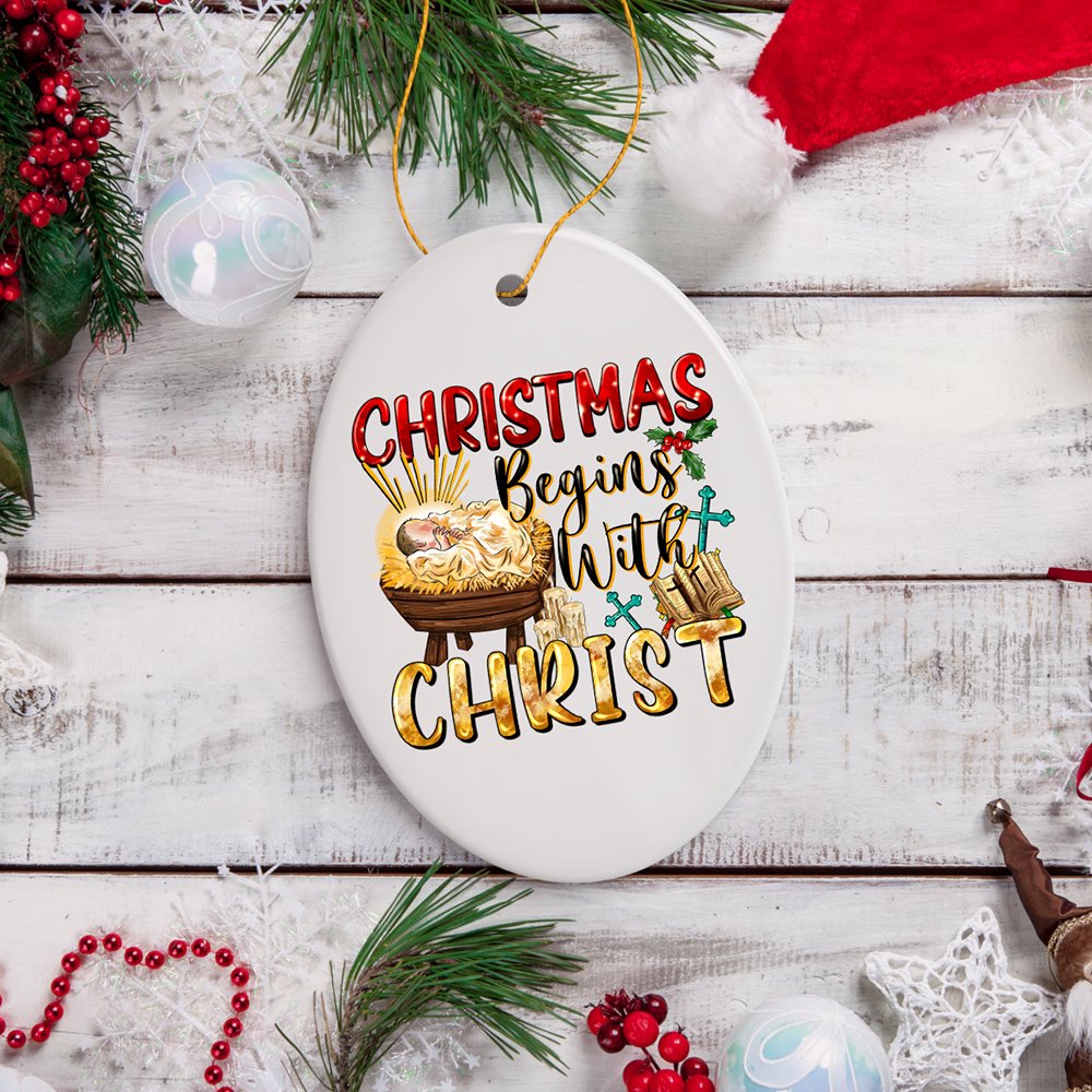 Dazzling Christmas Begins with Christ Ornament, Ceramic Christian Holiday Art