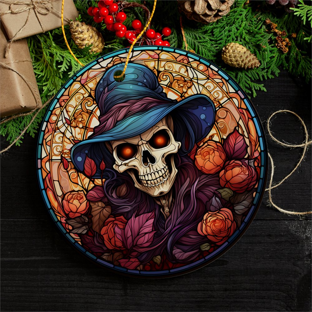 Elegant Skull with Blue Hat Stained Glass Style Ceramic Ornament, Halloween Themed Christmas Gift and Decor