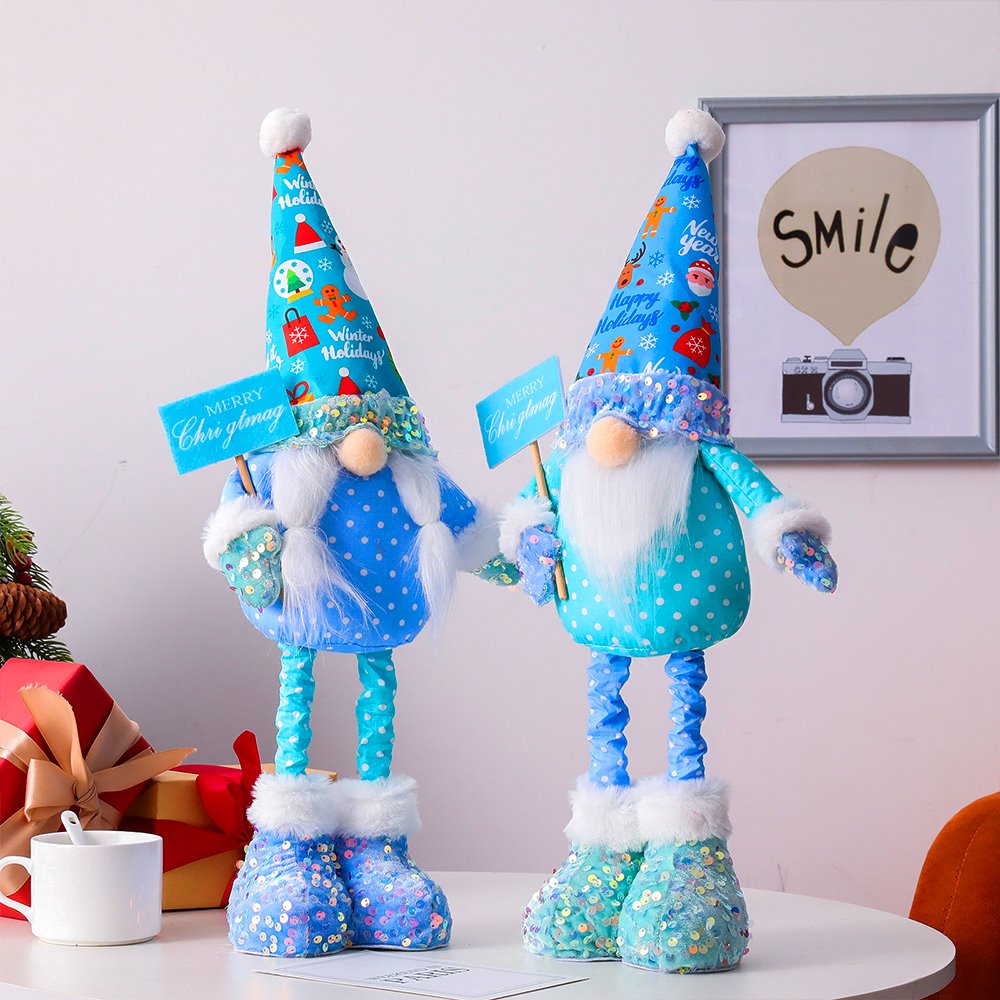 Frosty Elegent Winter Luxe Gnome Large Set, Festive Plush Holiday Blue Joyful Home Decor with Sequins