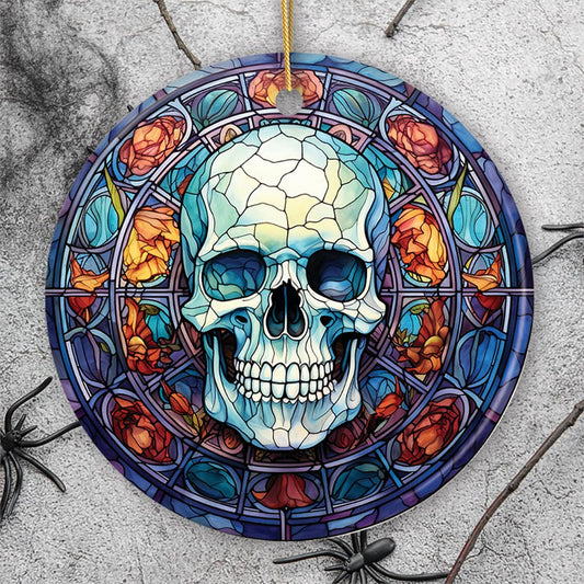 Ghastly Grin Spooky Halloween Skull Stained Glass Style Ceramic Ornament, Halloween Themed Christmas Gift and Decor