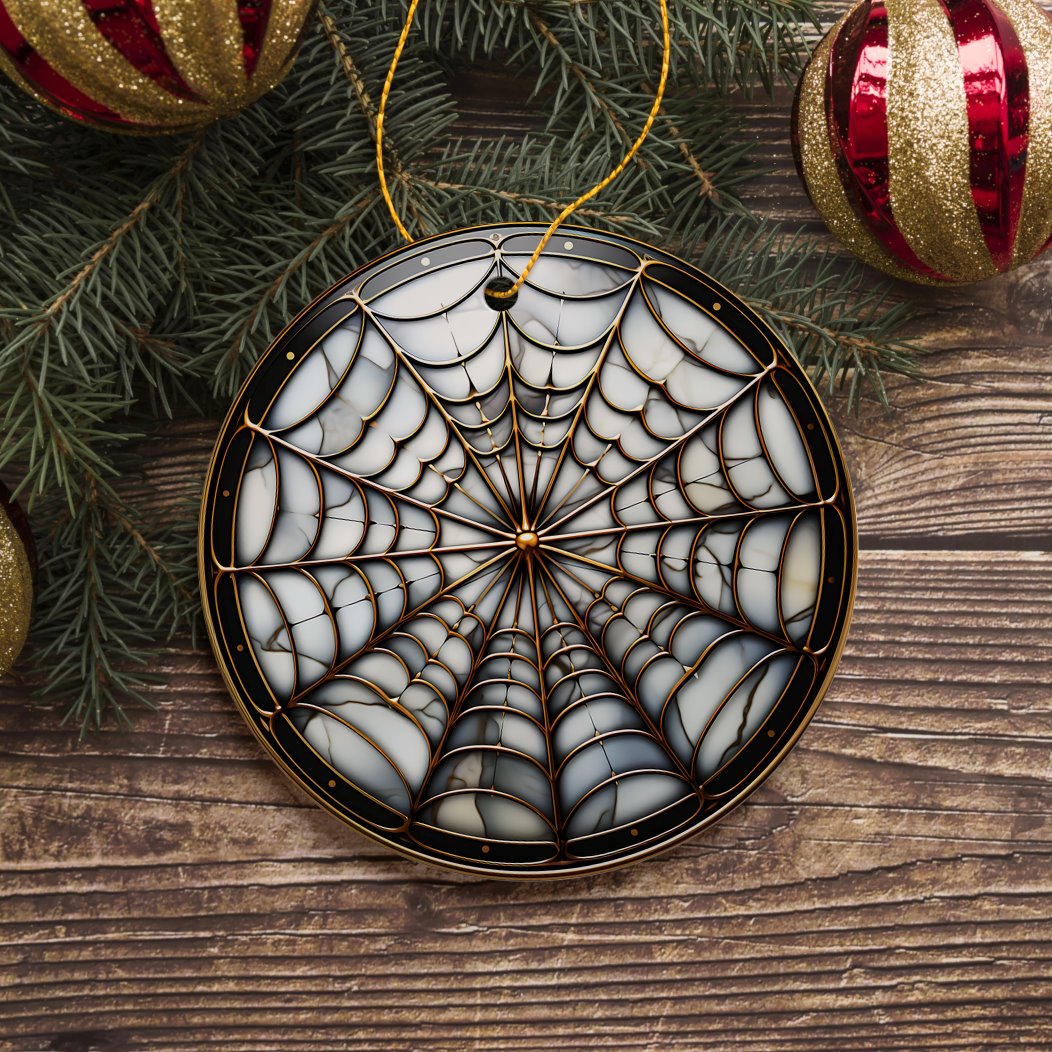 Golden Arachnid Haunt Intricate Spider Web Stained Glass Style Ceramic Ornament, Halloween Themed Christmas Gift and Decor