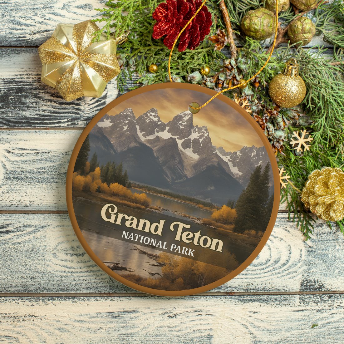 Grand Teton National Park Retro Style Ornament, Wyoming USA Tourist Attraction and Gift