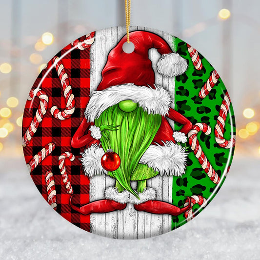 Green Christmas Gnome Festive Holiday Ceramic Ornament, Candy Cane and Plaid