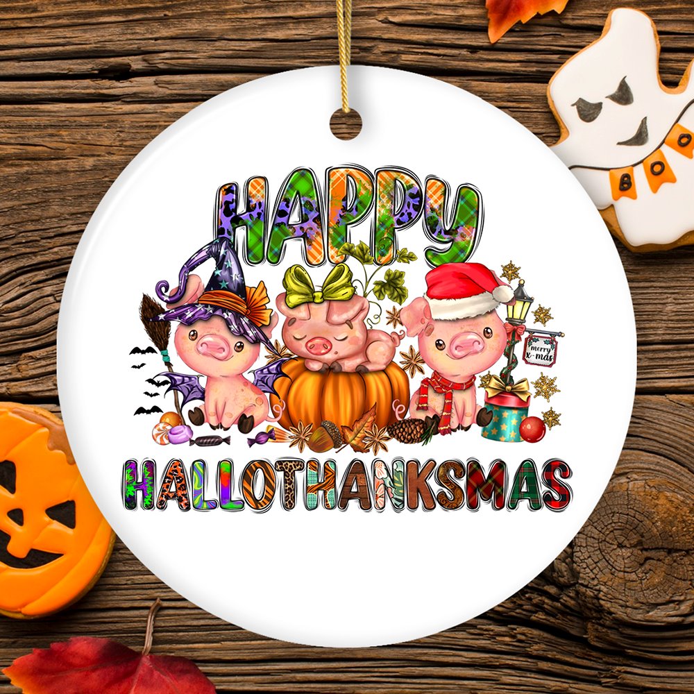 Happy Hallothankmas Cute Festive Pigs Holiday Christmas Ornament, Halloween and Thanksgiving Fall Theme