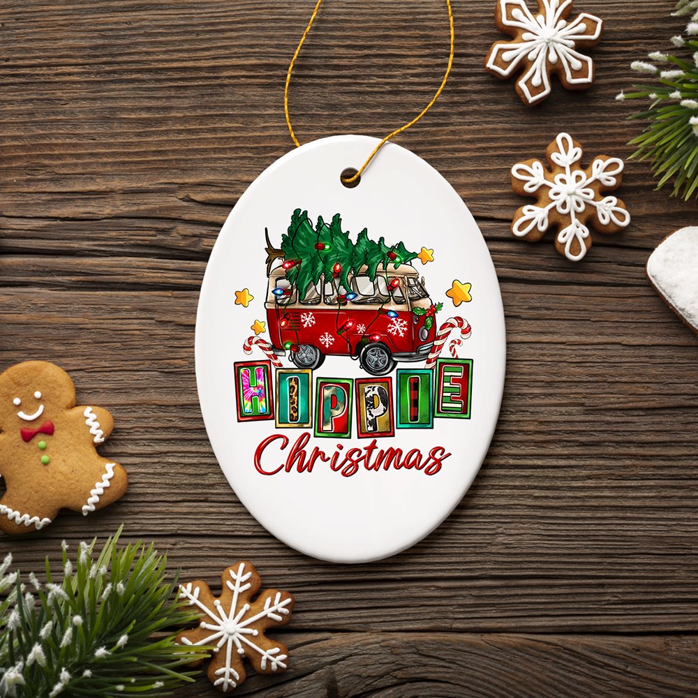 Hippy Christmas Festive and Fun Holiday Ornament with Van and Tree