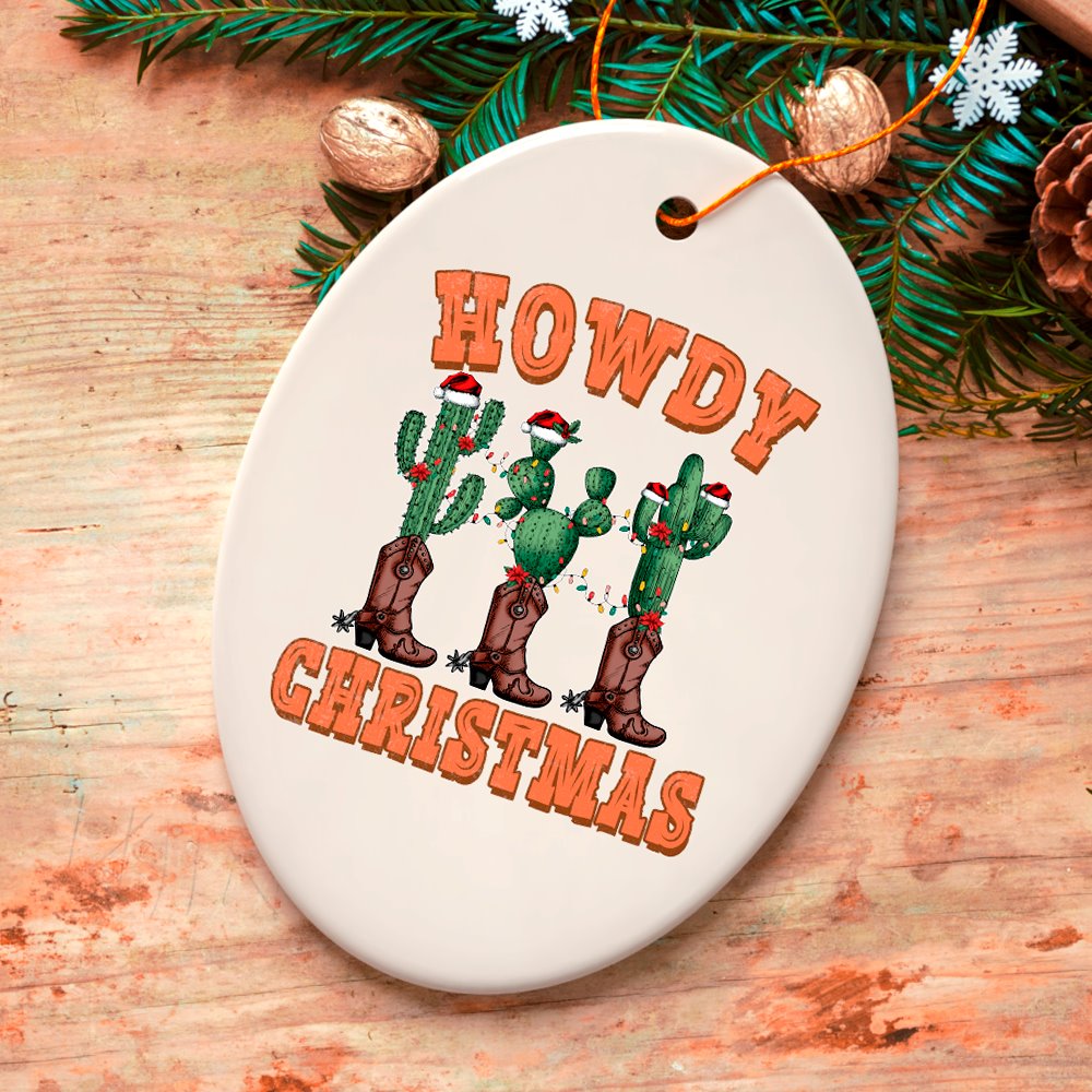 Howdy Christmas Cactus and Western Boot Ornament, Cowboy West Theme.