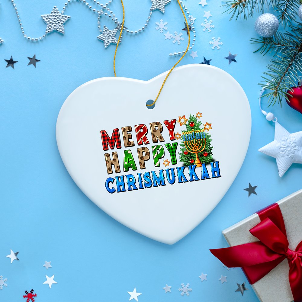 Merry Happy Chrismukkkah Festive Ornament, Christmas and Hanukkah Chanukah Theme