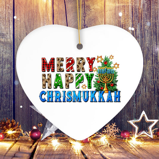 Merry Happy Chrismukkkah Festive Ornament, Christmas and Hanukkah Chanukah Theme