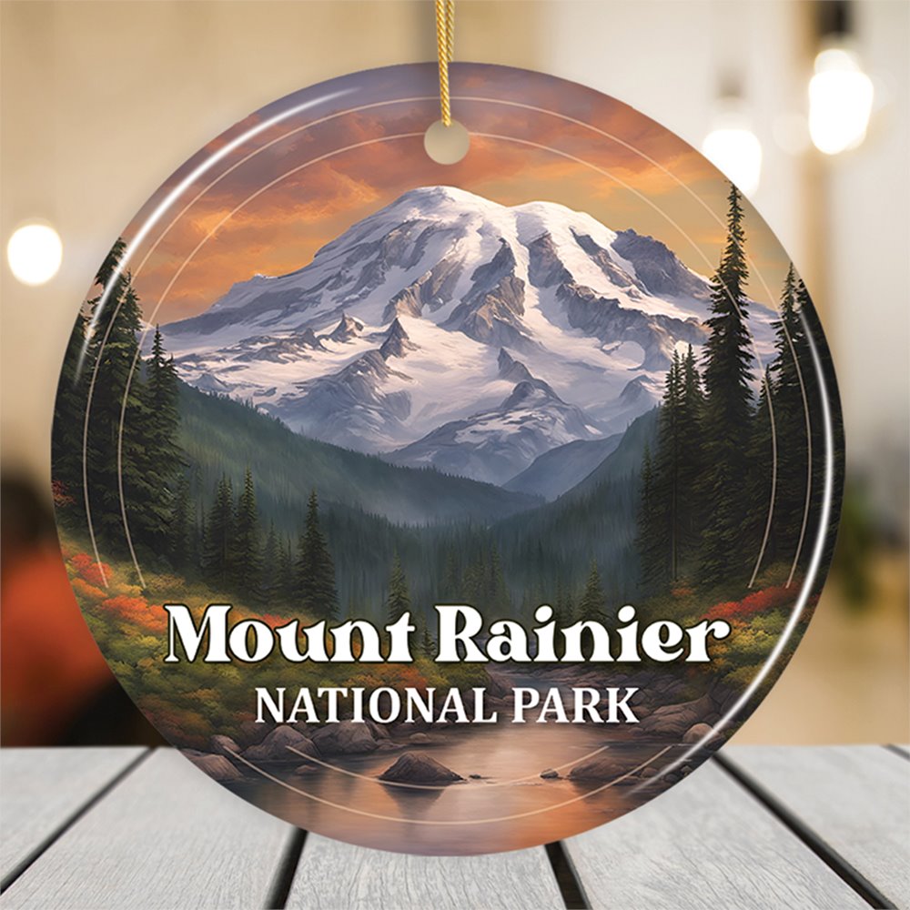 Mount Rainier National Park Retro Style Ornament, Washington USA Tourist Attraction and Gift