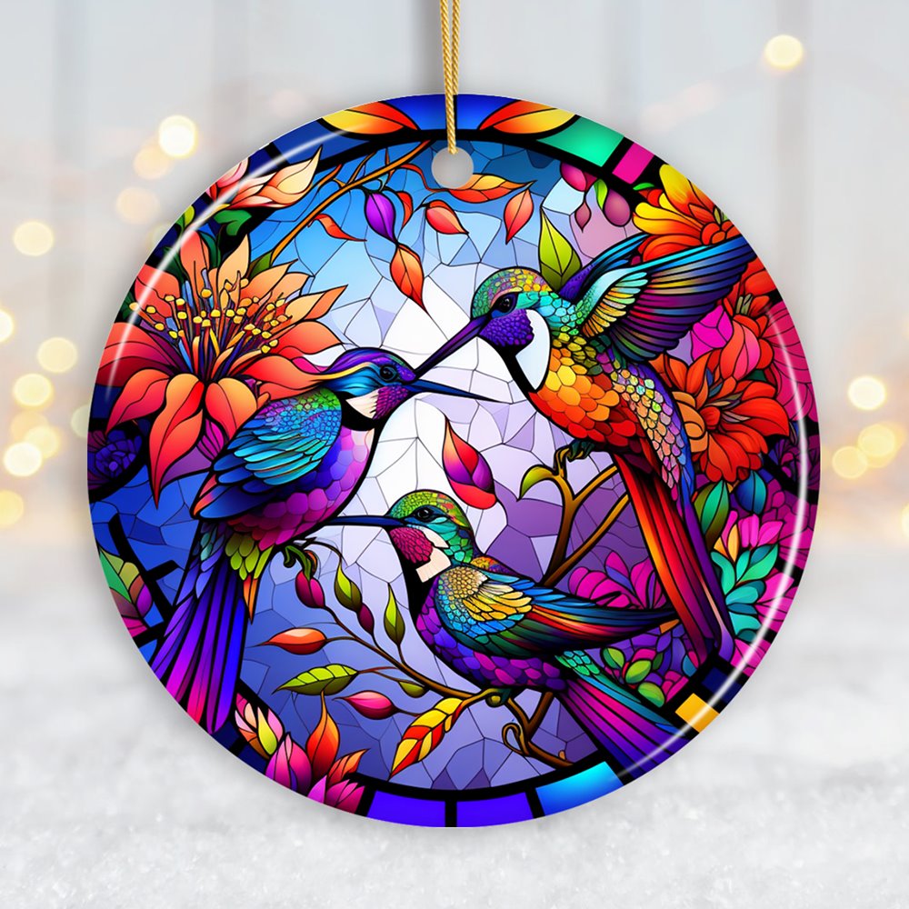 Natural Beauty and Elegance Hummingbird Ceramic Ornament, Stained Glass Theme Artistic Nature