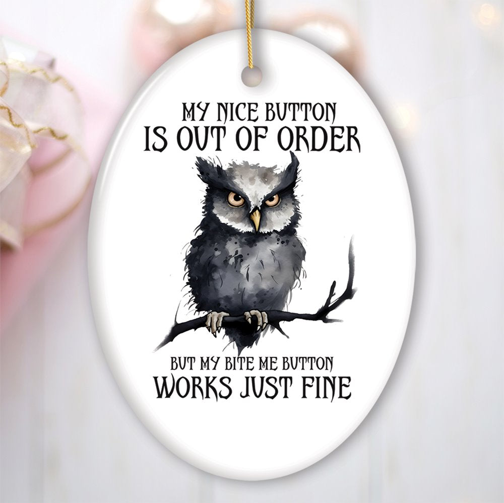 Nice Button Out of Order Quirky Owl Ornament, Cute and Funny Christmas Gift