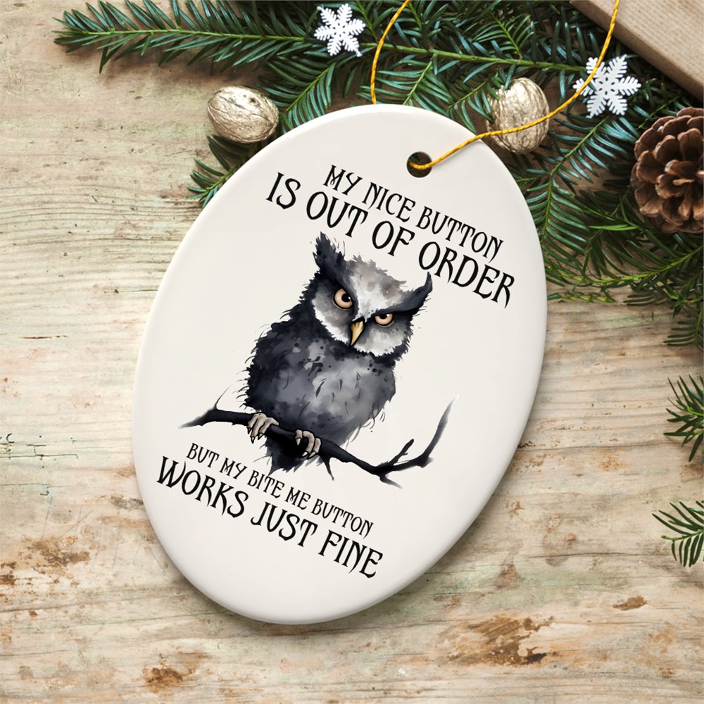 Nice Button Out of Order Quirky Owl Ornament, Cute and Funny Christmas Gift