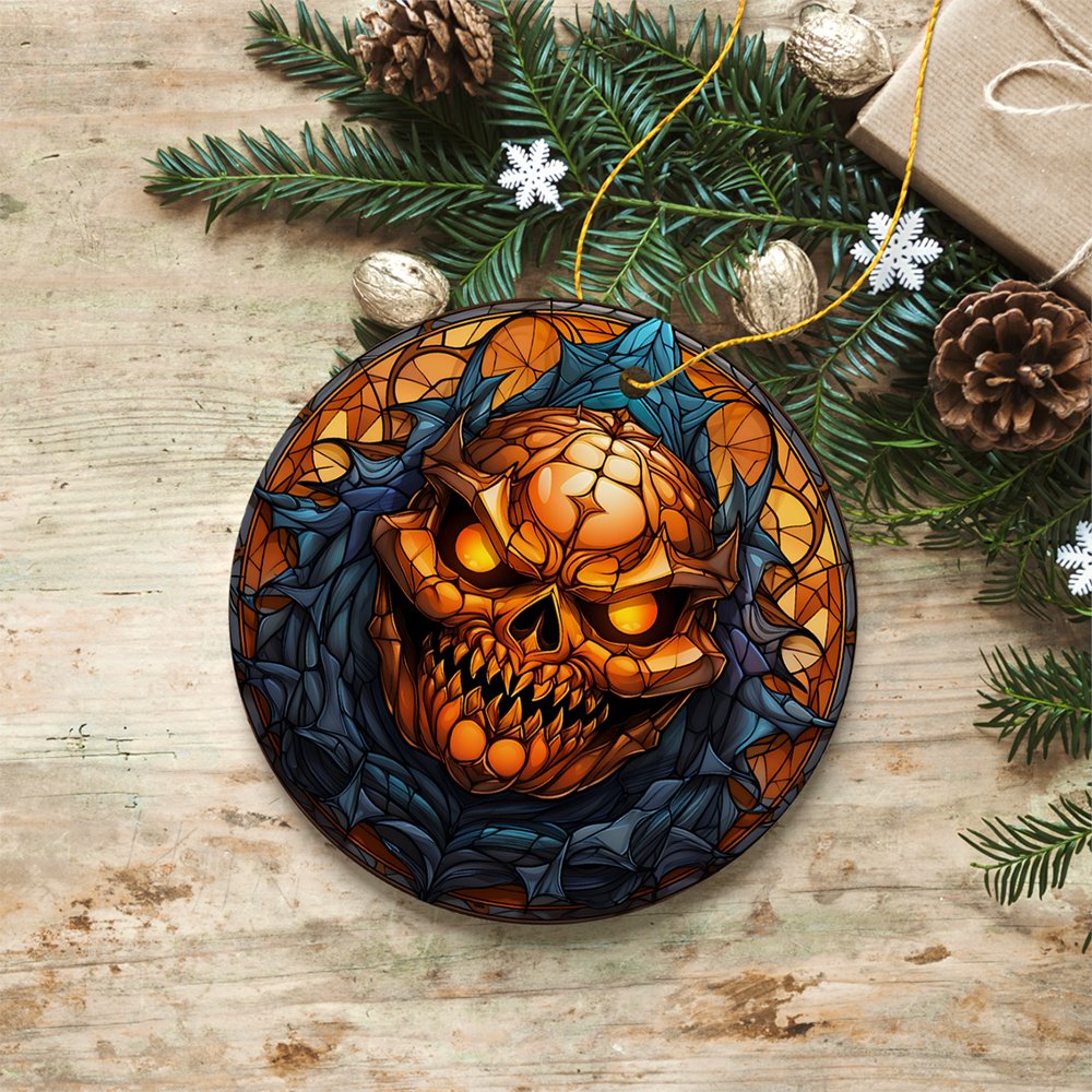 Pumpkin Skull with Glowing Red Eyes Stained Glass Style Ceramic Ornament, Halloween Themed Christmas Gift and Decor