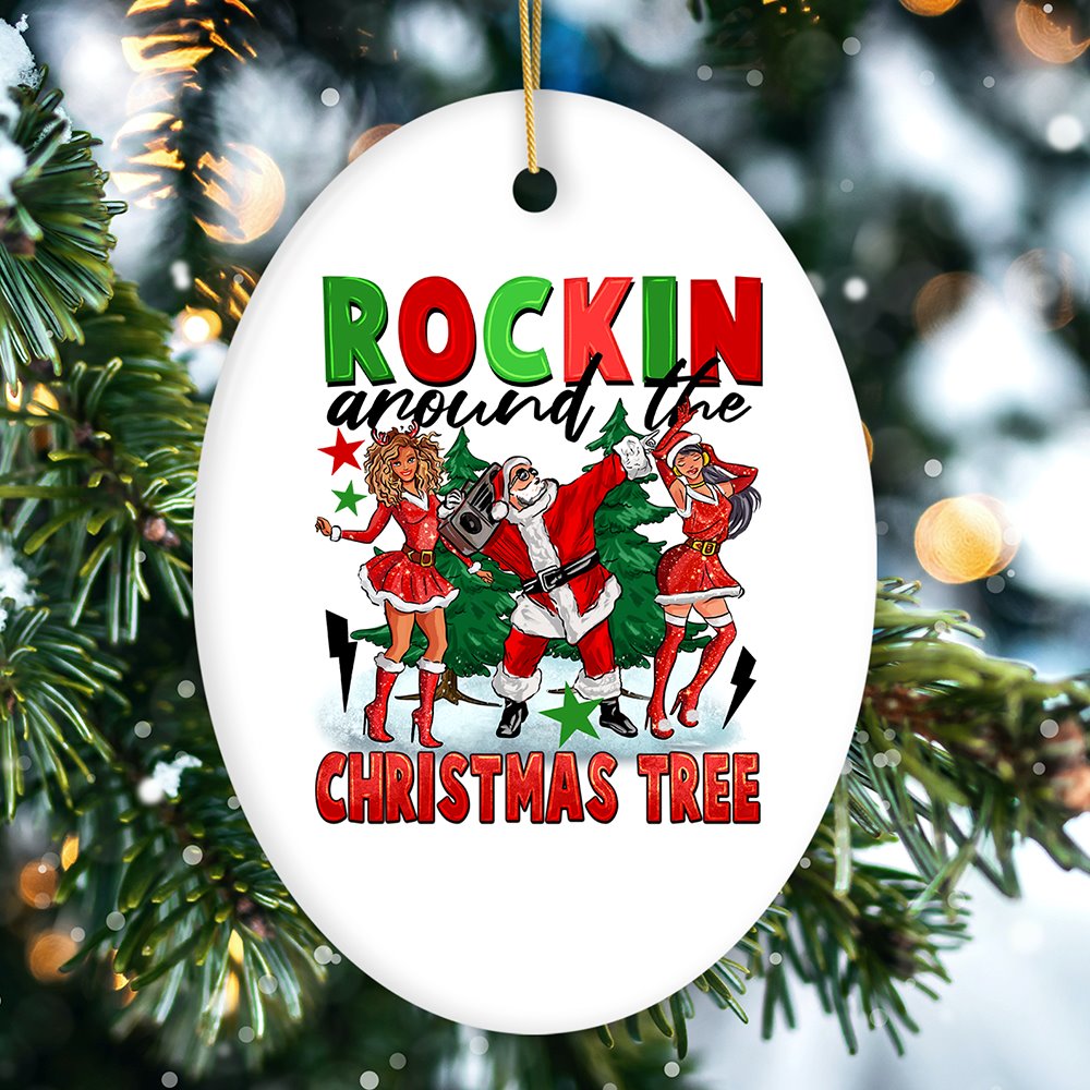 Rockstar Dancing Santa and the Ladies Cool and Funny Ornament, Rockin Around the Christmas Tree