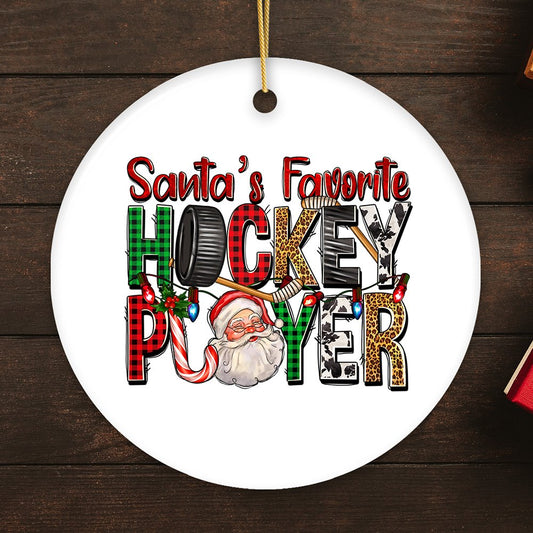 Santa’s Favorite Hockey Player Christmas Plaid Ornament