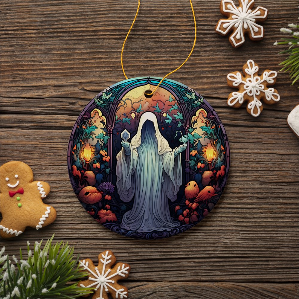 Spectral Shivers Hauntingly Scary Ghost Stained Glass Style Ceramic Ornament, Halloween Themed Christmas Gift