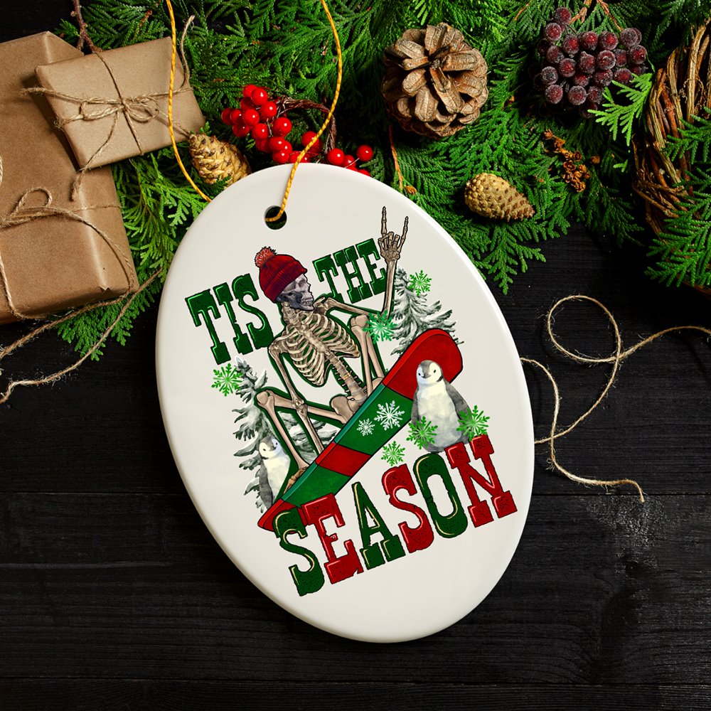 Tis the Season Snowboarding Theme Christmas Ornament, Winter Athlete Funny Skeleton