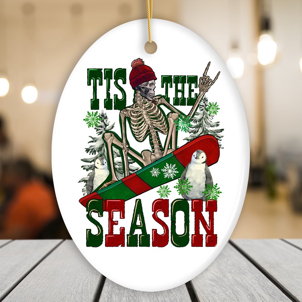 Tis the Season Snowboarding Theme Christmas Ornament, Winter Athlete Funny Skeleton