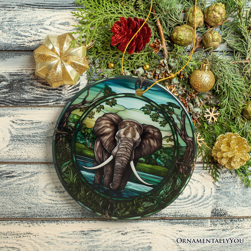 African Pachyderm Elephant Stained Glass Style Ceramic Ornament, Safari Animals Christmas Gift and Decor