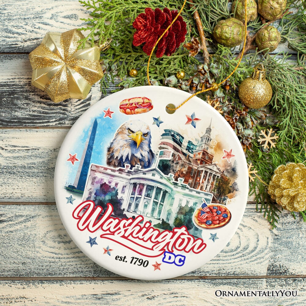 Artistic Washington DC Ceramic Ornament, Landmarks of the Nation’s Capital, White House Travel Souvenir