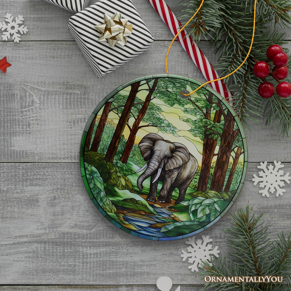 Gentle Giants Elephant Stained Glass Style Ceramic Ornament, African Animals Christmas Gift and Decor