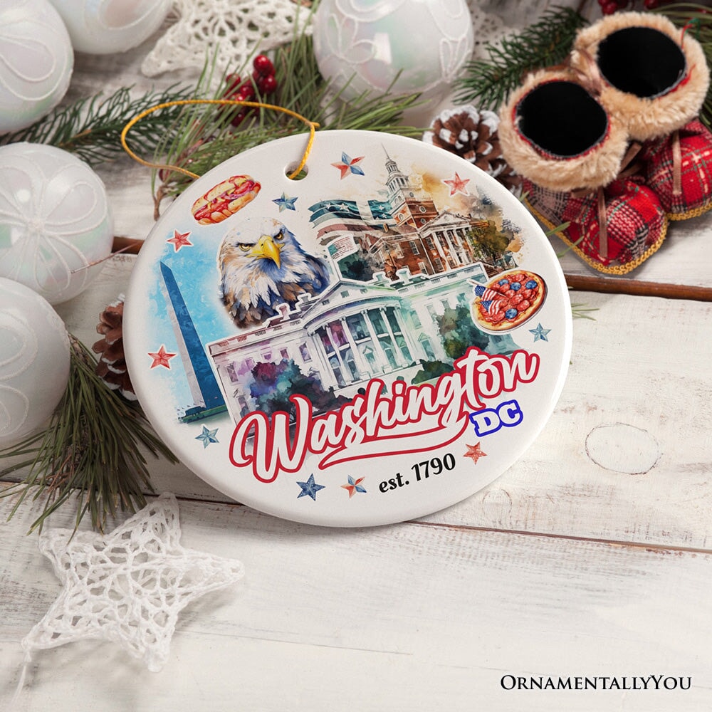 Artistic Washington DC Ceramic Ornament, Landmarks of the Nation’s Capital, White House Travel Souvenir