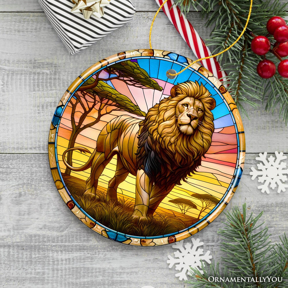 Kings of the Savannah Lion Stained Glass Style Ceramic Ornament, African Animals Christmas Gift and Decor