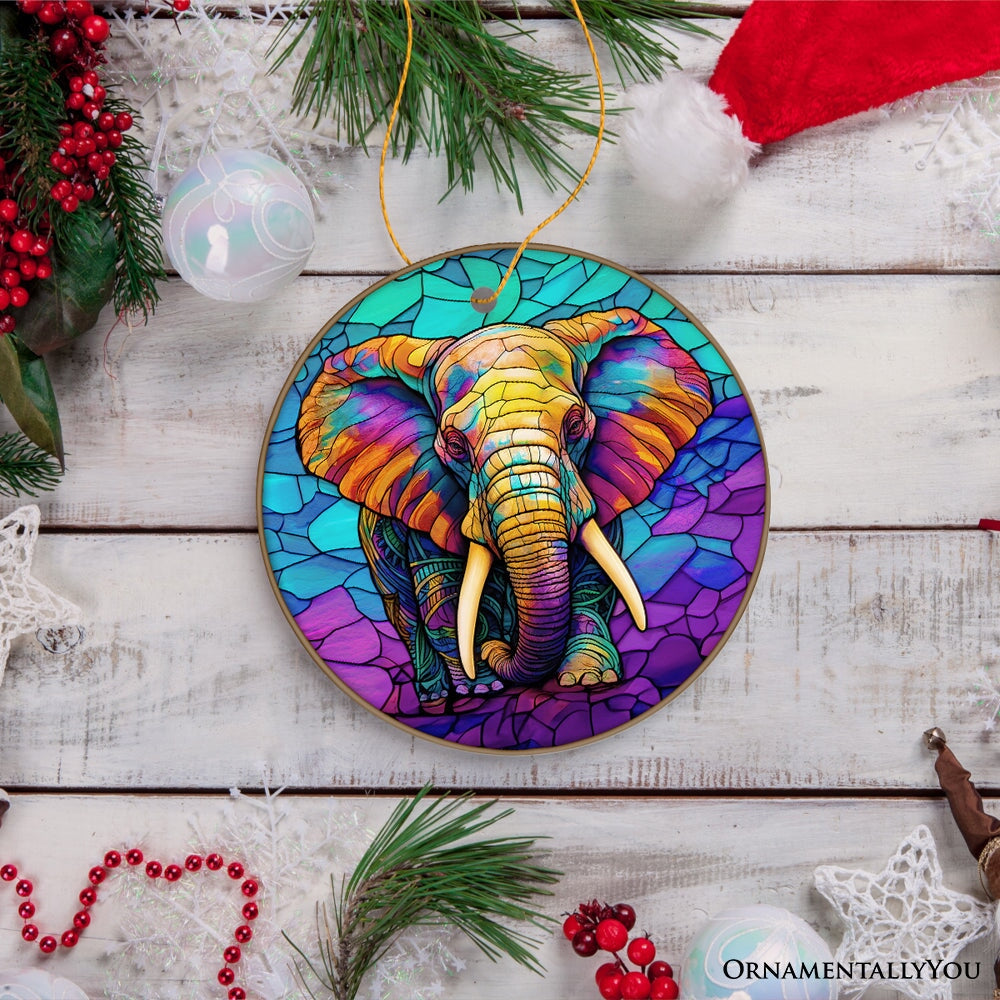 Forest Giants Elephant Stained Glass Style Ceramic Ornament, Safari Animals Christmas Gift and Decor