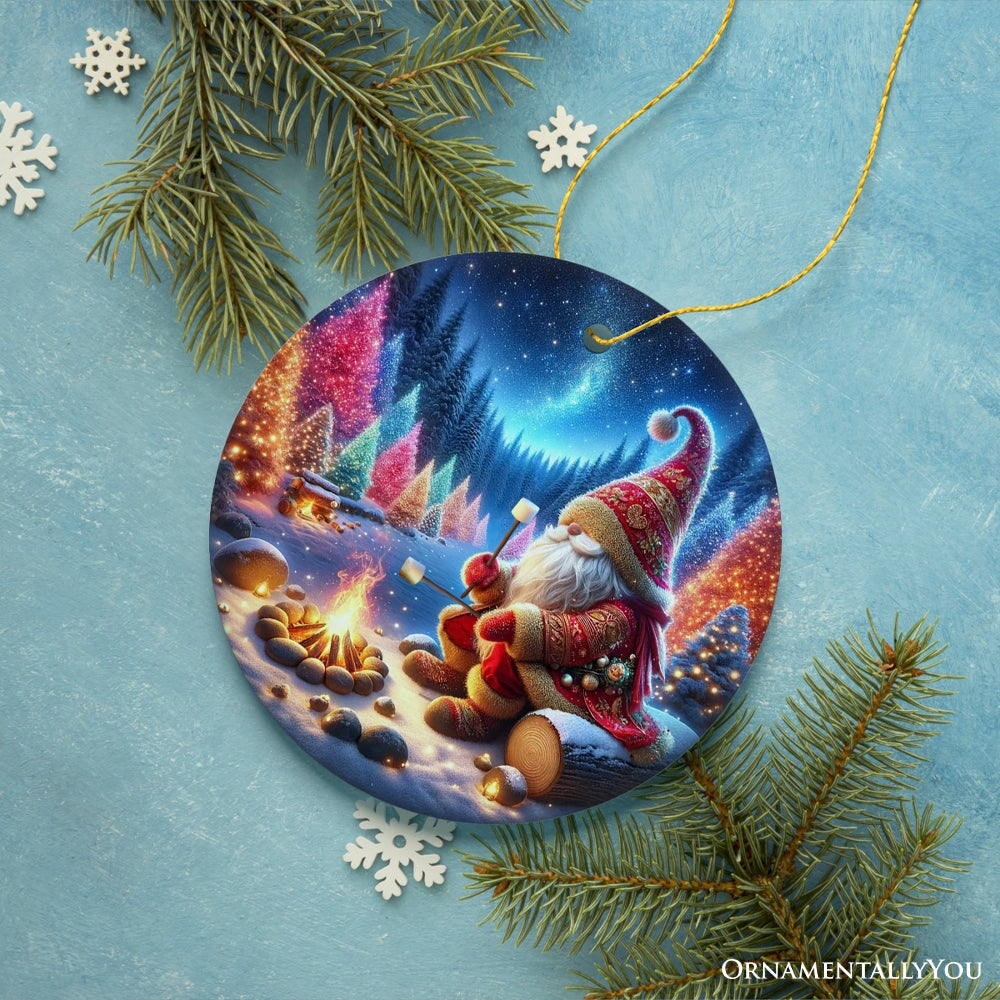 Majestic Winter World Gnome Camper Ceramic Christmas Ornament, Luminescent Forest and Starry Night