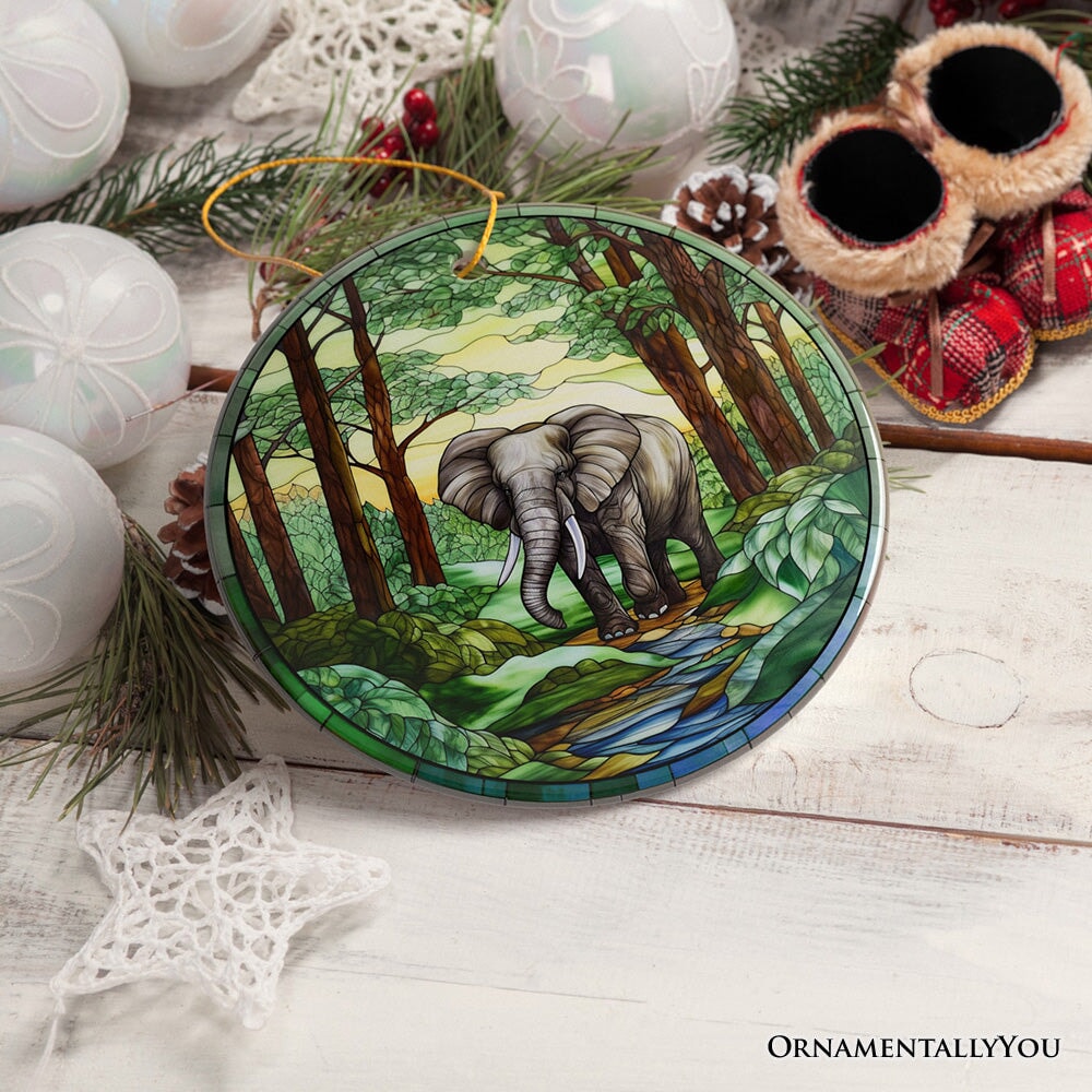 Gentle Giants Elephant Stained Glass Style Ceramic Ornament, African Animals Christmas Gift and Decor