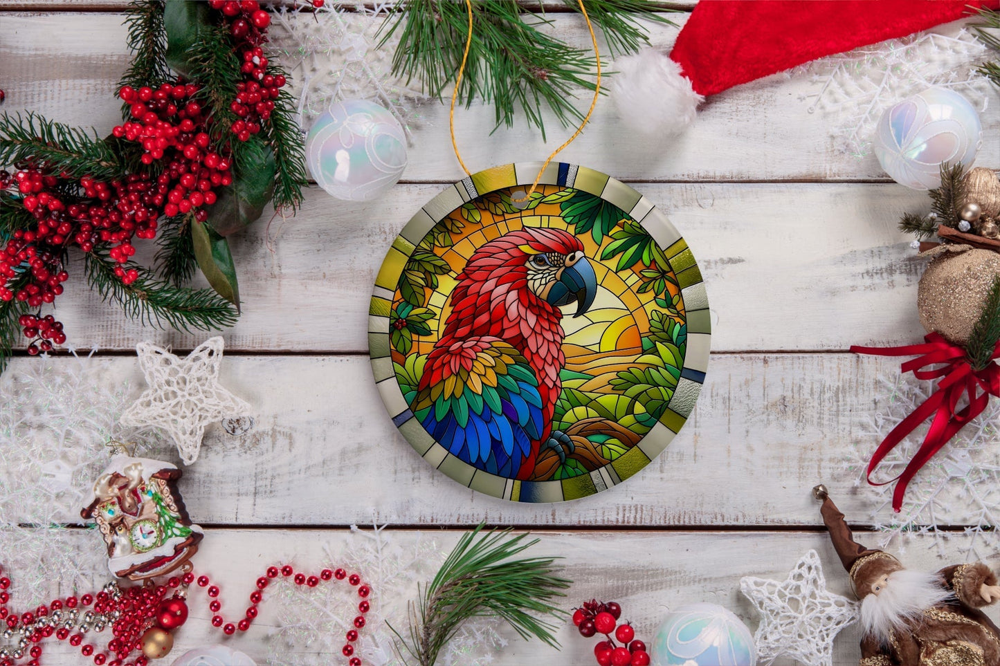 Feathered Friends Adventure Parrot Stained Glass Style Ceramic Ornament, Safari Animals Christmas Gift and Decor