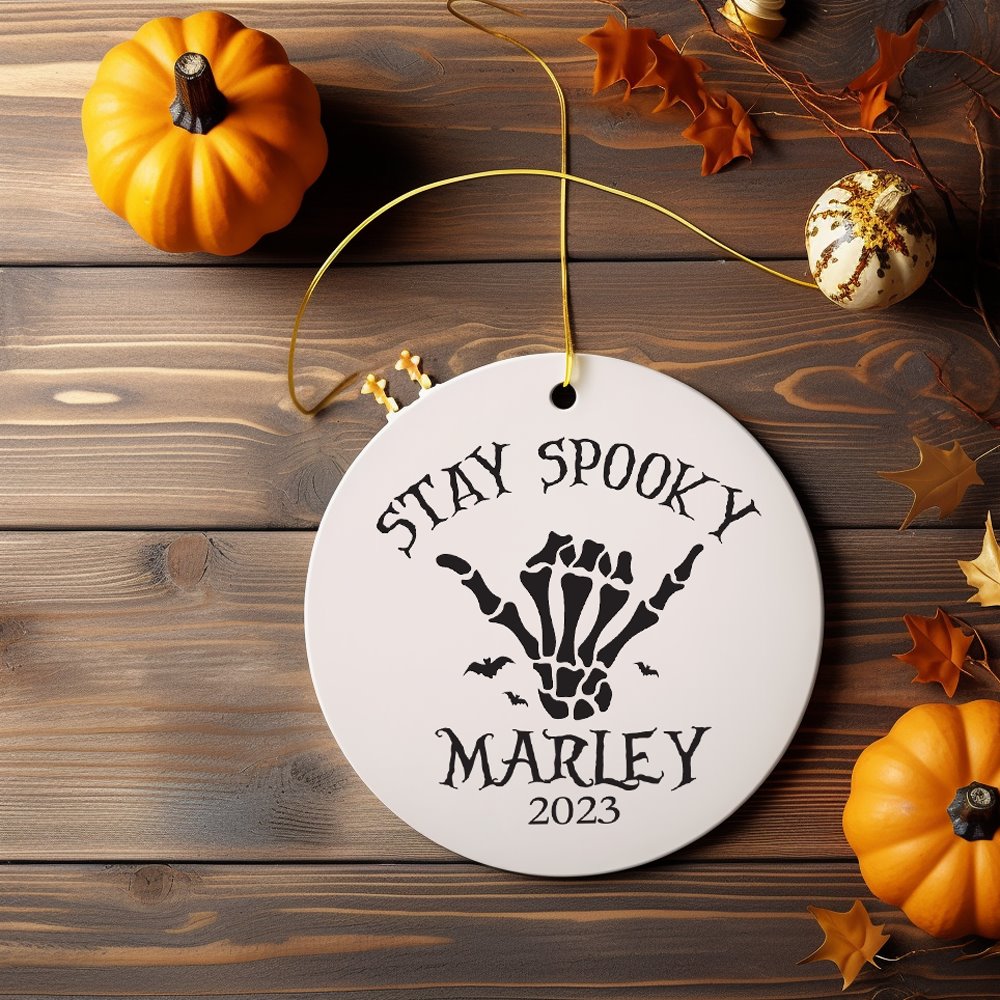 Cool Skeleton Stay Spooky Personalized Ornament, Surfer Halloween Themed Custom Gift