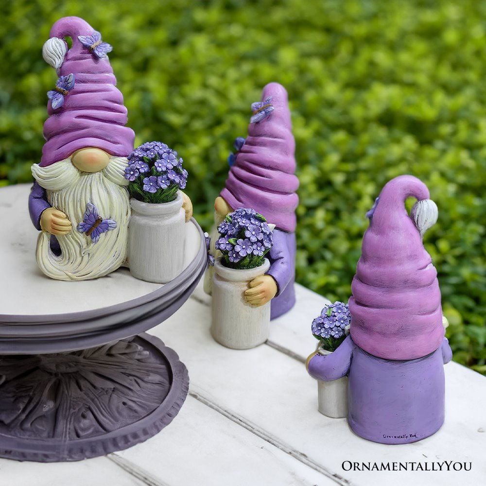 Garden Grace Lavender Gnome Figurine, 10"  Purple Home Decor Statue with Butterflies and Flowers