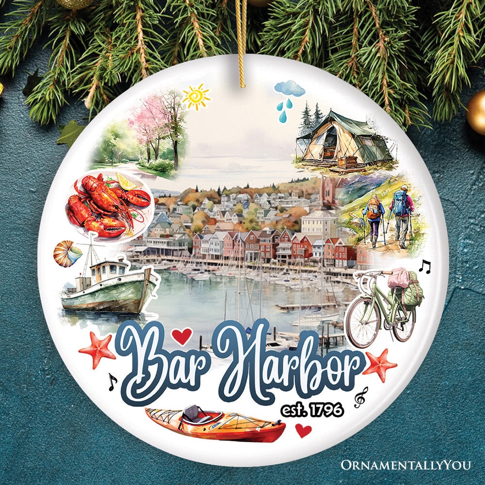 Artistic Bar Harbor Christmas Ornament, Maine Souvenir and Gift with Lobster and Acadia Art