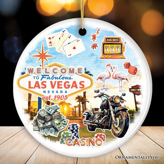 Artistic Las Vegas Collage Art Ceramic Ornament, Slot Machines Cards and Casino Travel Souvenir