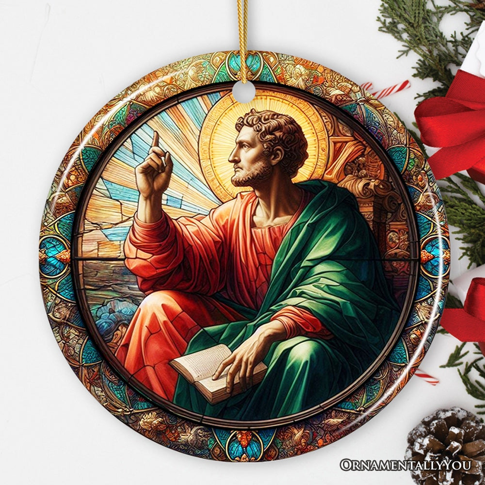 Artistic Man With a Book in Renaissance Italy Painting Ornament, Stained Glass Themed Medieval Christmas Keepsake